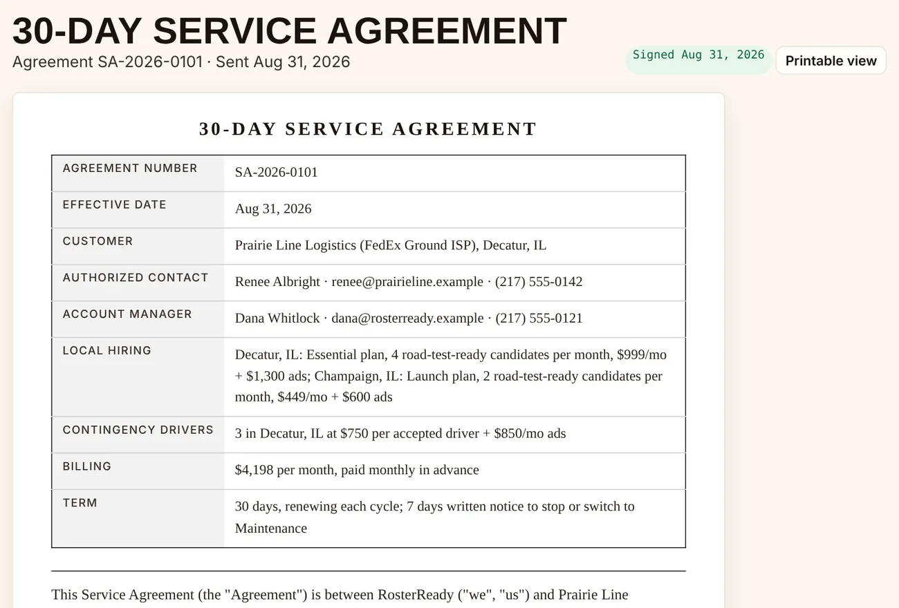 The service agreement signed in the portal