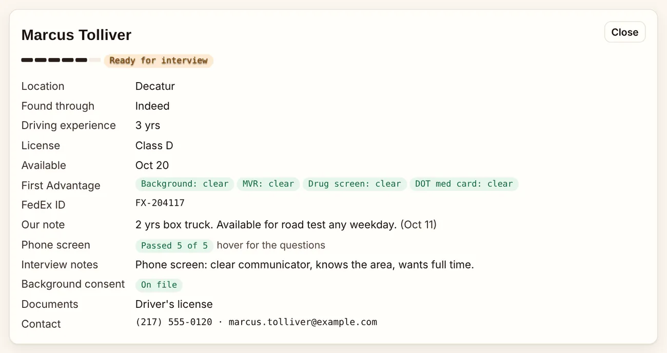 A candidate profile with screening results