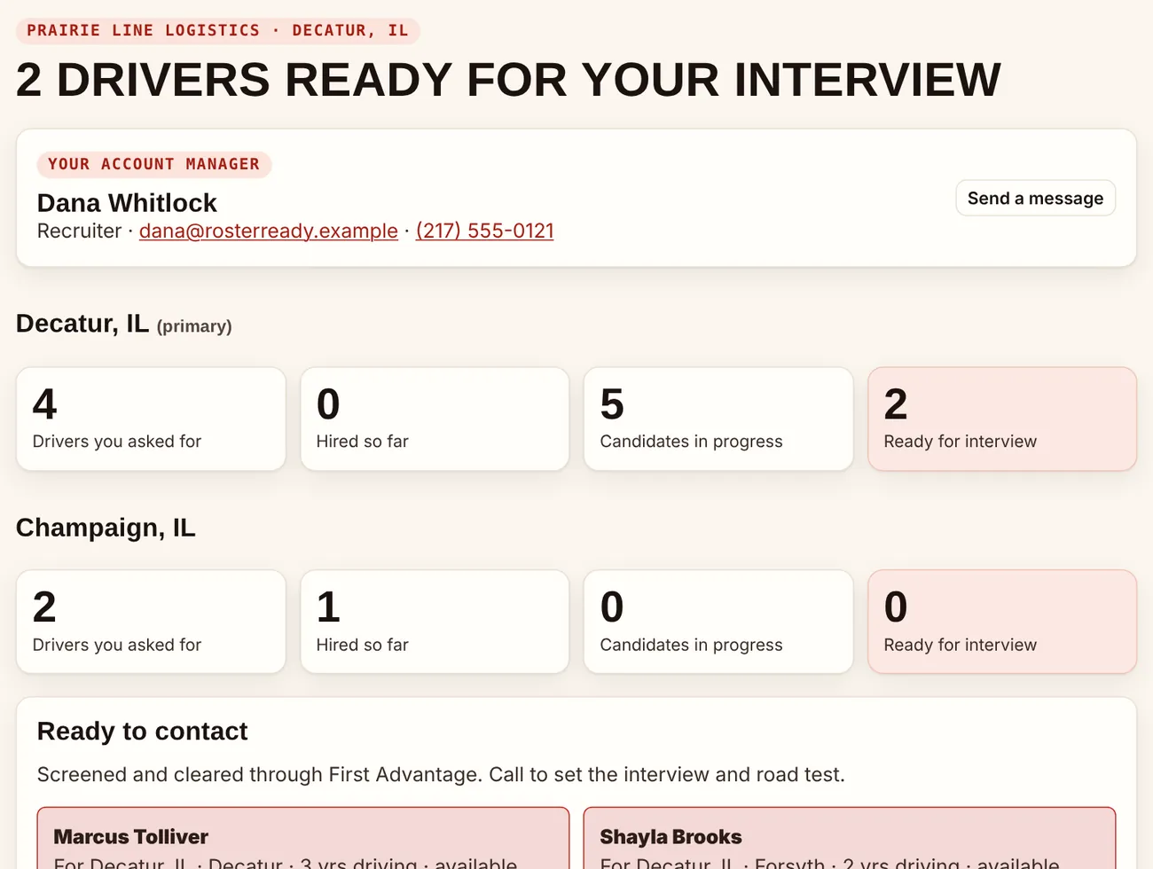 Your portal showing two drivers ready for interview